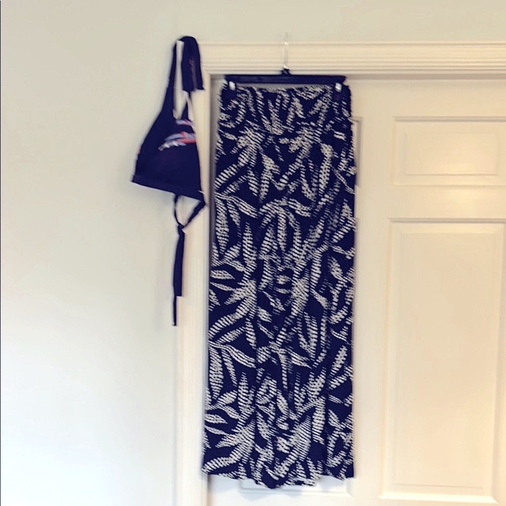 Polka Dot Leaf Print Wide Leg Pants Navy + White NEW Smocked Waist Size Medium - Picture 4 of 8